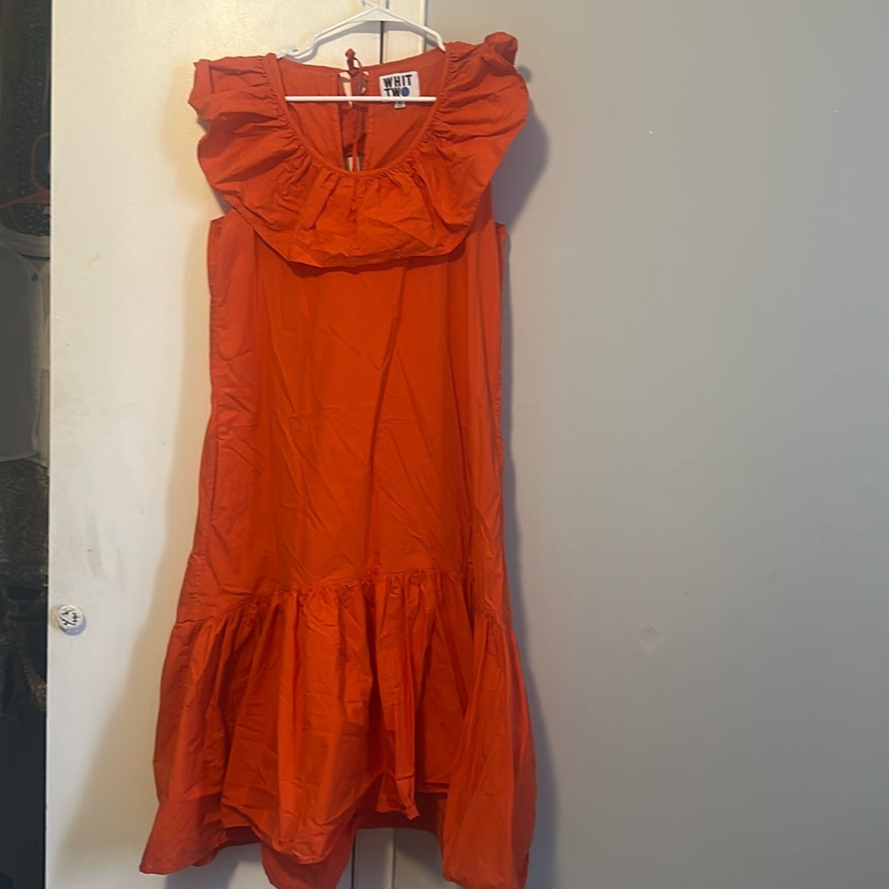 Whit Two Anthropologie Bright Red Orange Ruffle Neck Tiered Midi Dress Size M